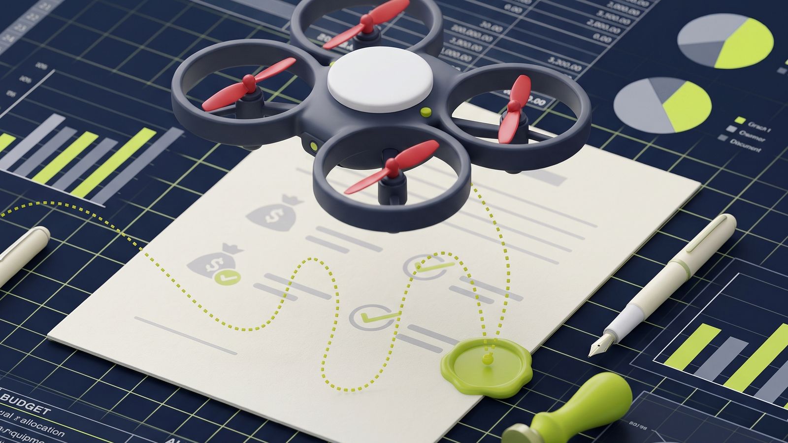 Dron edukacyjny na dokumentach wniosku o dofinansowanie, ilustracja