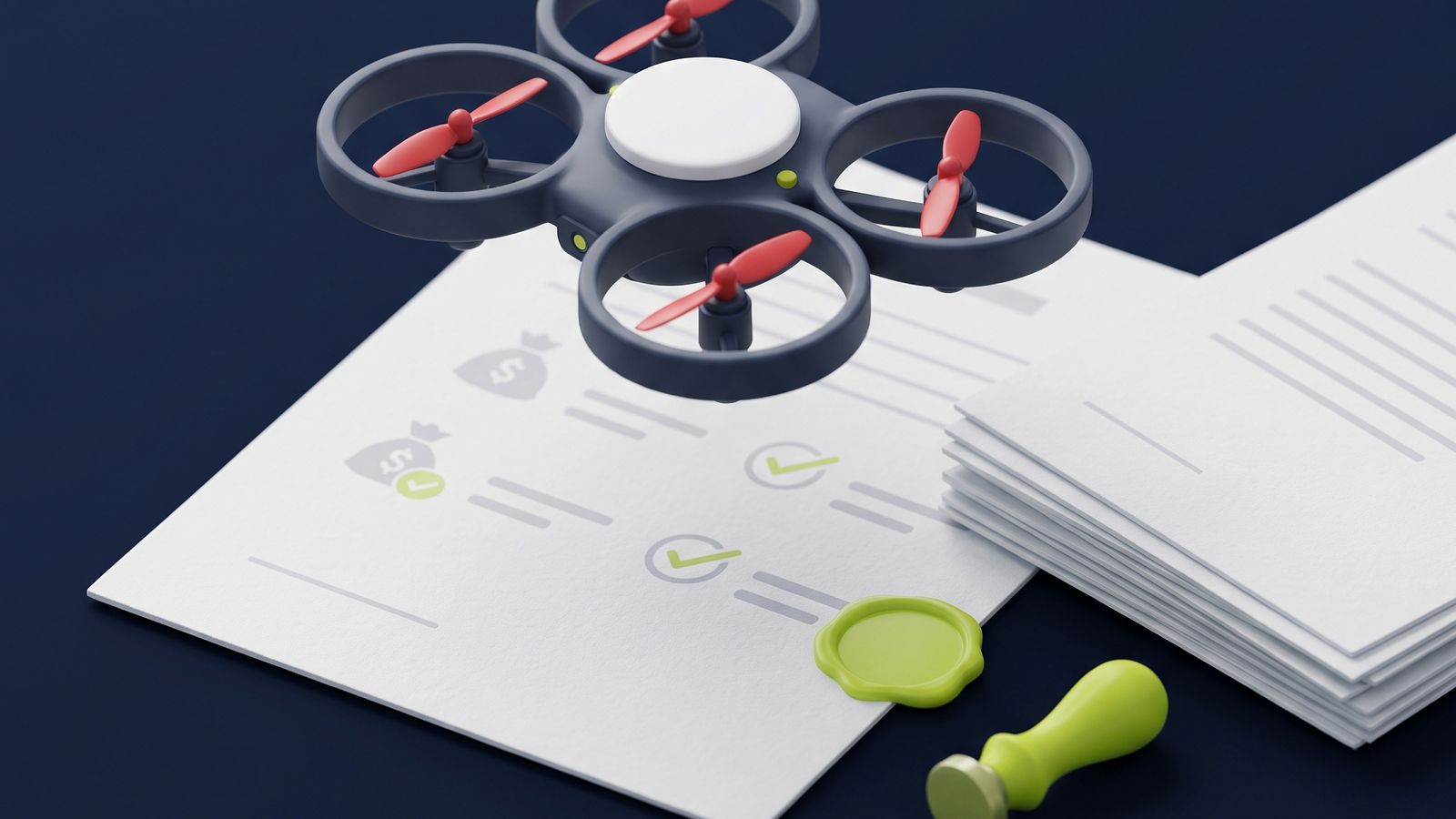 Dron edukacyjny nad dokumentem z pieczęcią, ilustracja